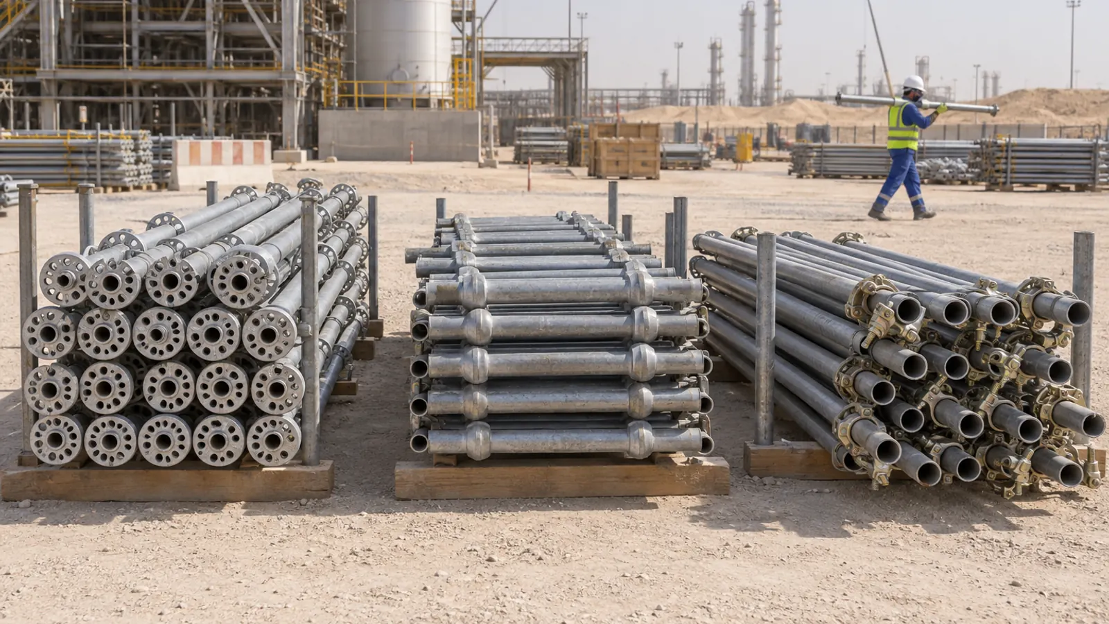 Scaffolding tubes and standards stacked for rental